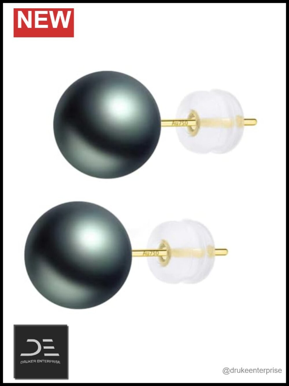 18k Gold Tahitian Black Pearl Earrings Round AAAA 8-8.5mm Hypoallergenic Stud